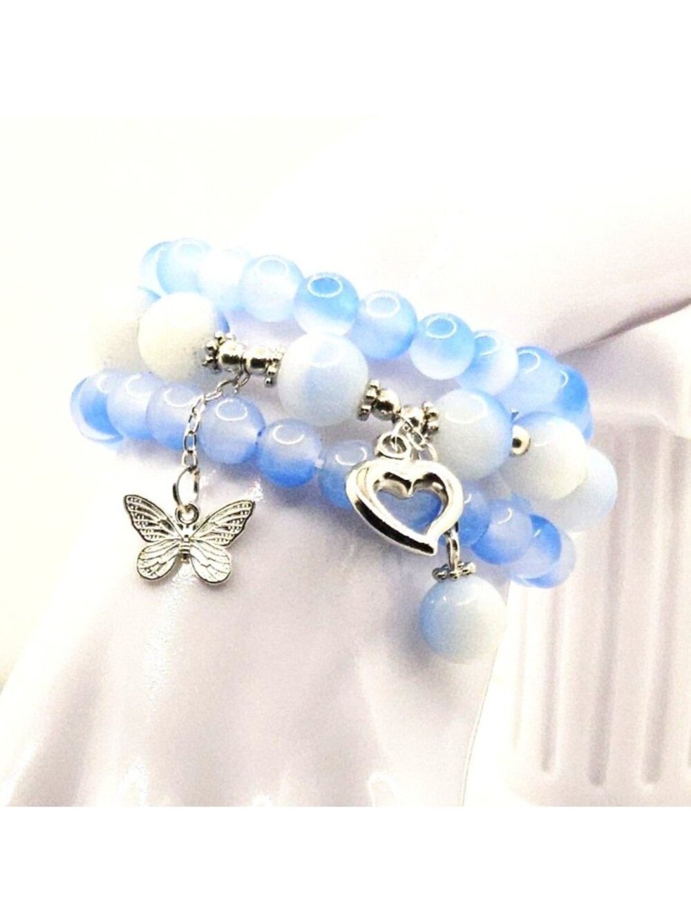 Blue Butterfly Bracelet Set, Planet Charm Bracelet Stack, Celestial Beaded